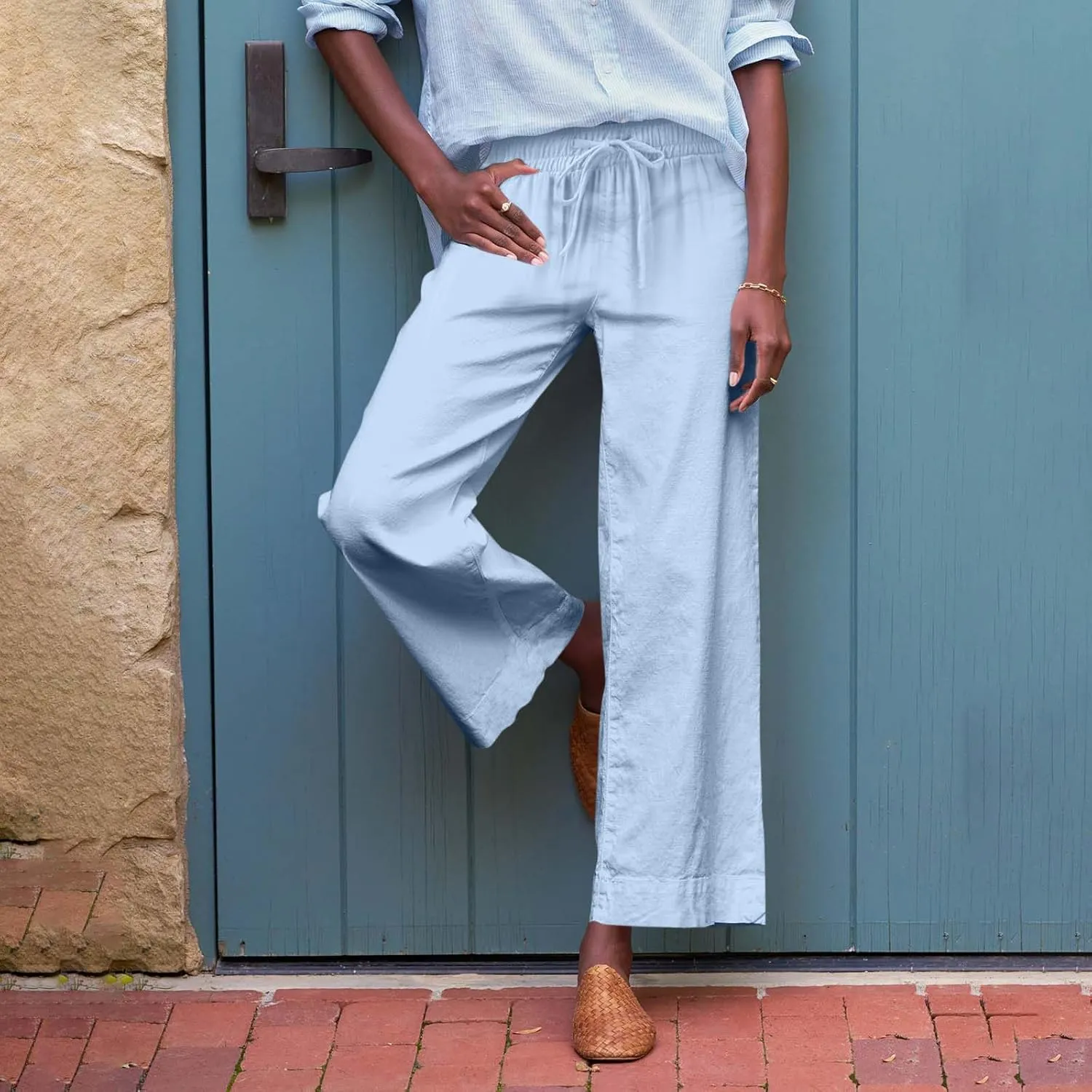 Cropped Linen Pants Women Summer Casual Drawstring Elastic High Waisted Business Casual Pants Wide Leg Work Tousers