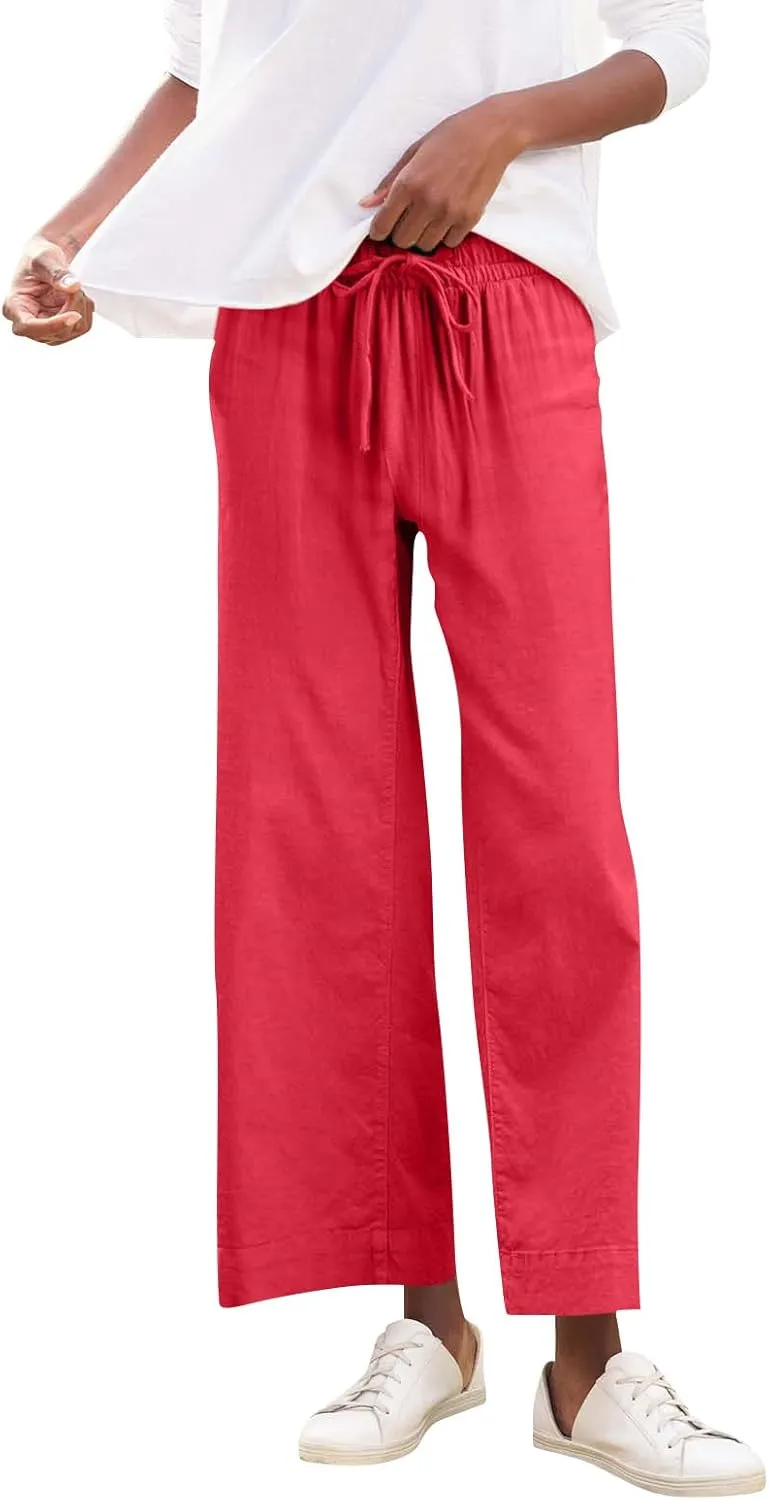 Cropped Linen Pants Women Summer Casual Drawstring Elastic High Waisted Business Casual Pants Wide Leg Work Tousers