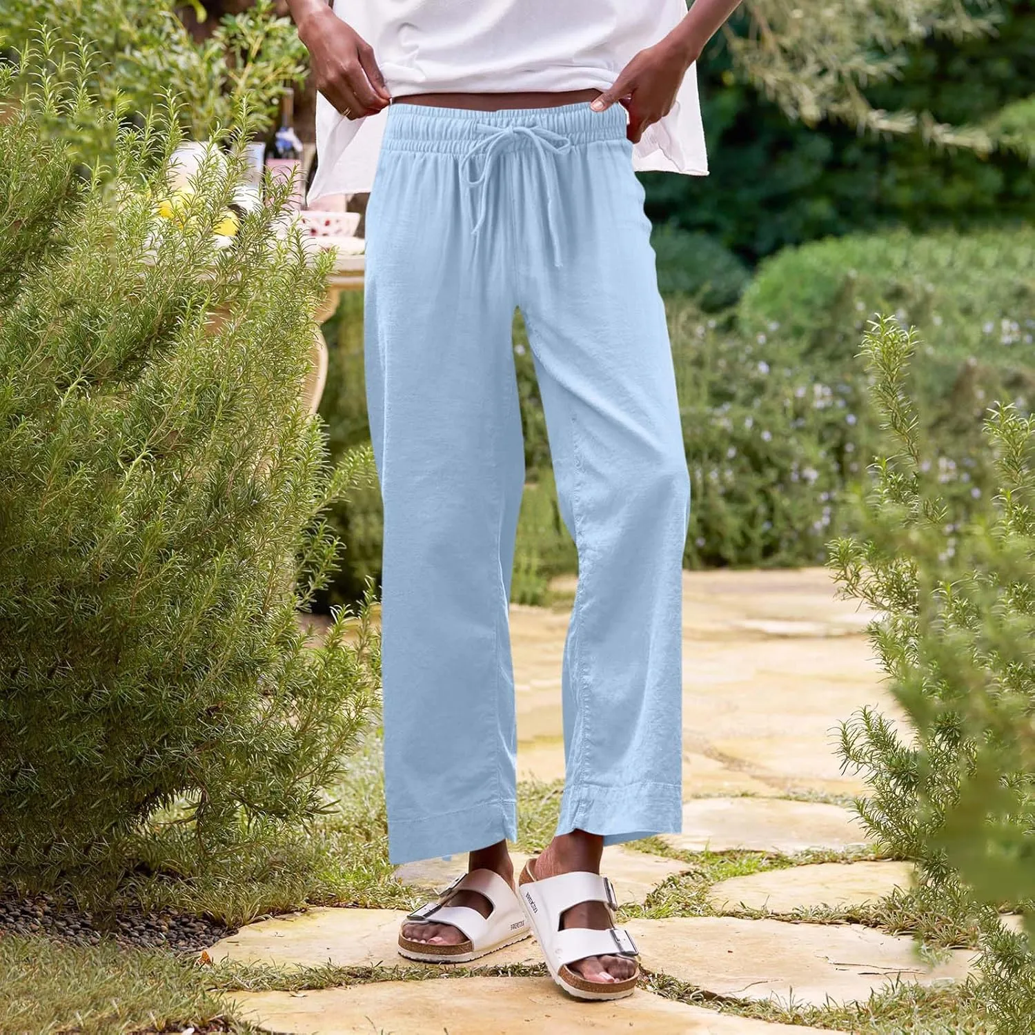 Cropped Linen Pants Women Summer Casual Drawstring Elastic High Waisted Business Casual Pants Wide Leg Work Tousers