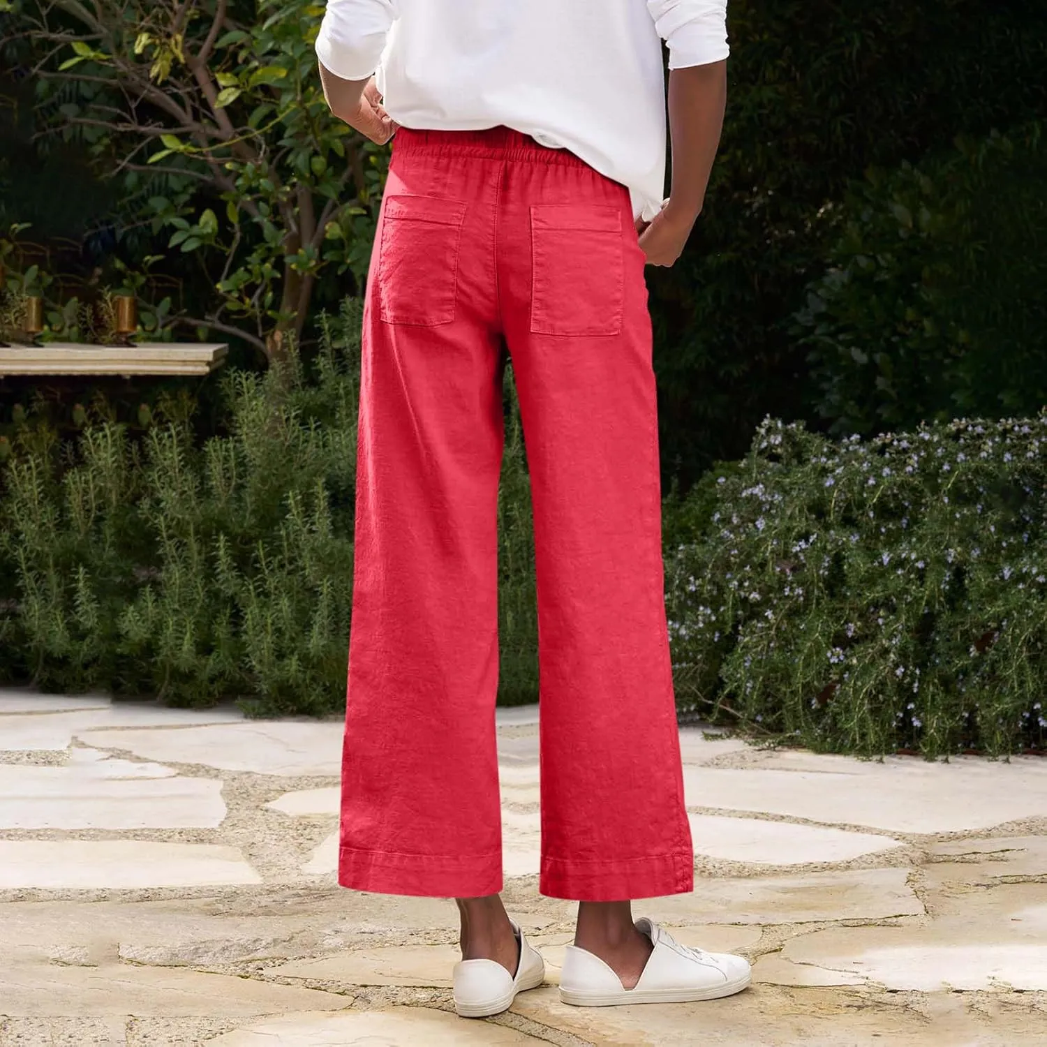 Cropped Linen Pants Women Summer Casual Drawstring Elastic High Waisted Business Casual Pants Wide Leg Work Tousers