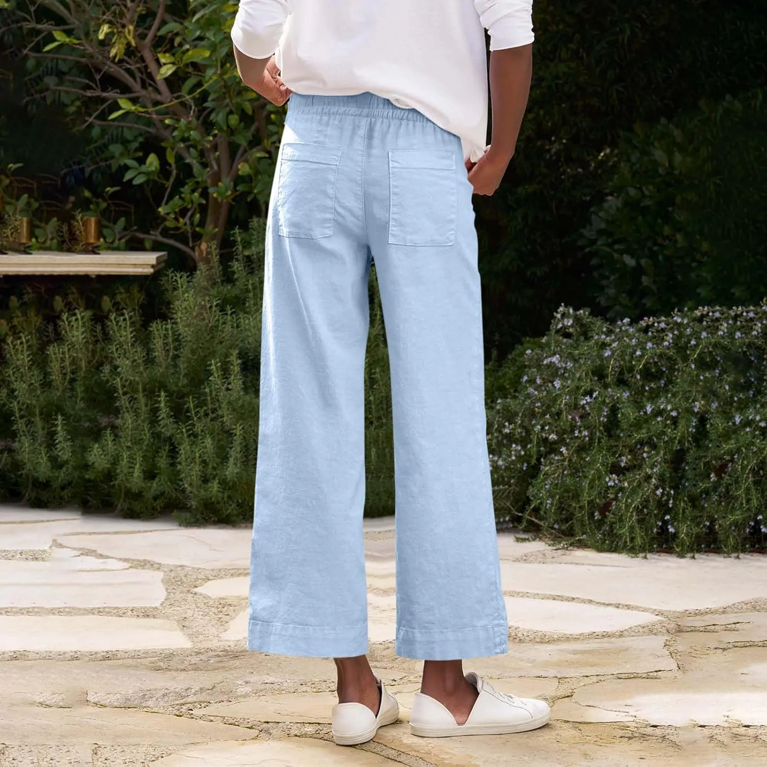 Cropped Linen Pants Women Summer Casual Drawstring Elastic High Waisted Business Casual Pants Wide Leg Work Tousers
