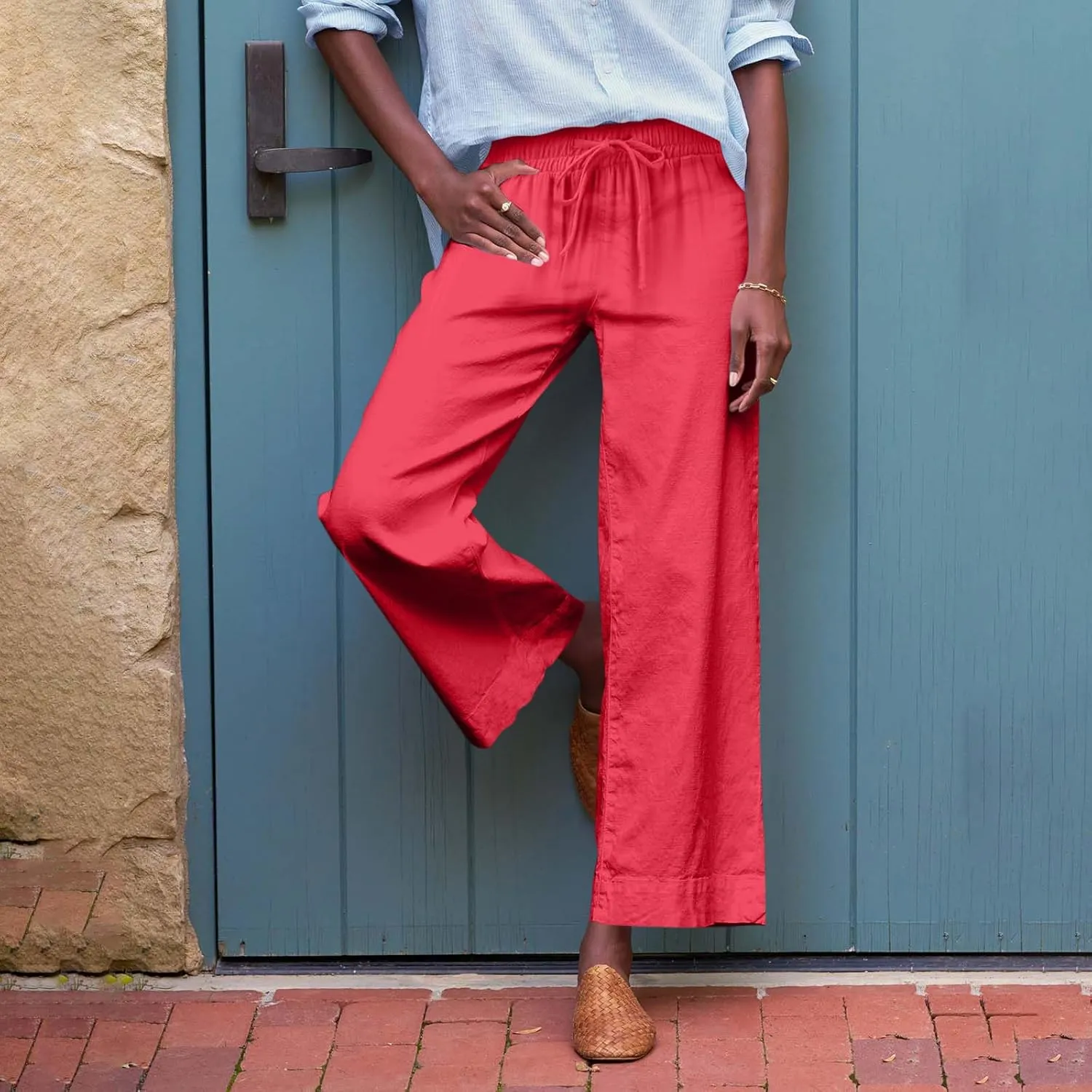 Cropped Linen Pants Women Summer Casual Drawstring Elastic High Waisted Business Casual Pants Wide Leg Work Tousers