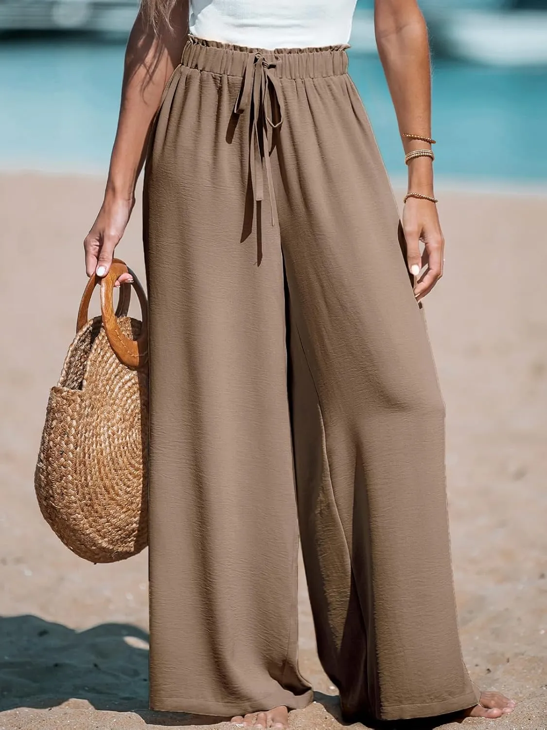 CUPSHE Women Wide Leg Pants High Waisted Trousers Linen Palazzo Lounge Beach Cover Ups Flowy Pants