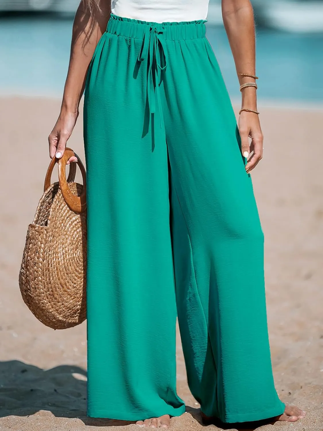 CUPSHE Women Wide Leg Pants High Waisted Trousers Linen Palazzo Lounge Beach Cover Ups Flowy Pants