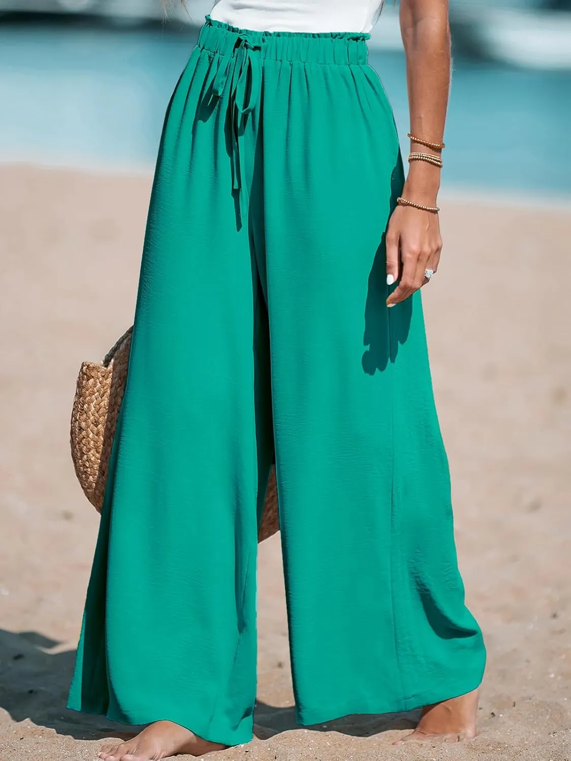 CUPSHE Women Wide Leg Pants High Waisted Trousers Linen Palazzo Lounge Beach Cover Ups Flowy Pants