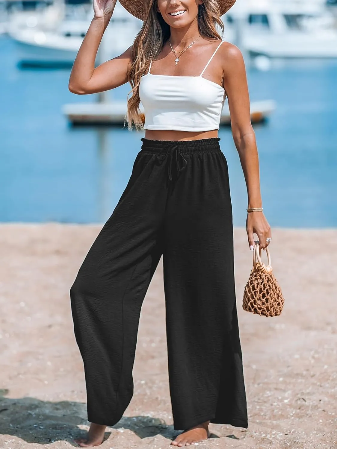 CUPSHE Women Wide Leg Pants High Waisted Trousers Linen Palazzo Lounge Beach Cover Ups Flowy Pants