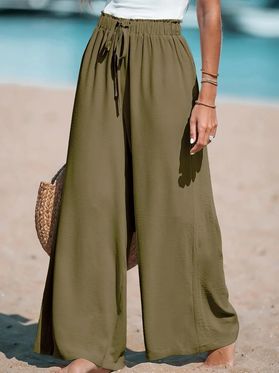 CUPSHE Women Wide Leg Pants High Waisted Trousers Linen Palazzo Lounge Beach Cover Ups Flowy Pants