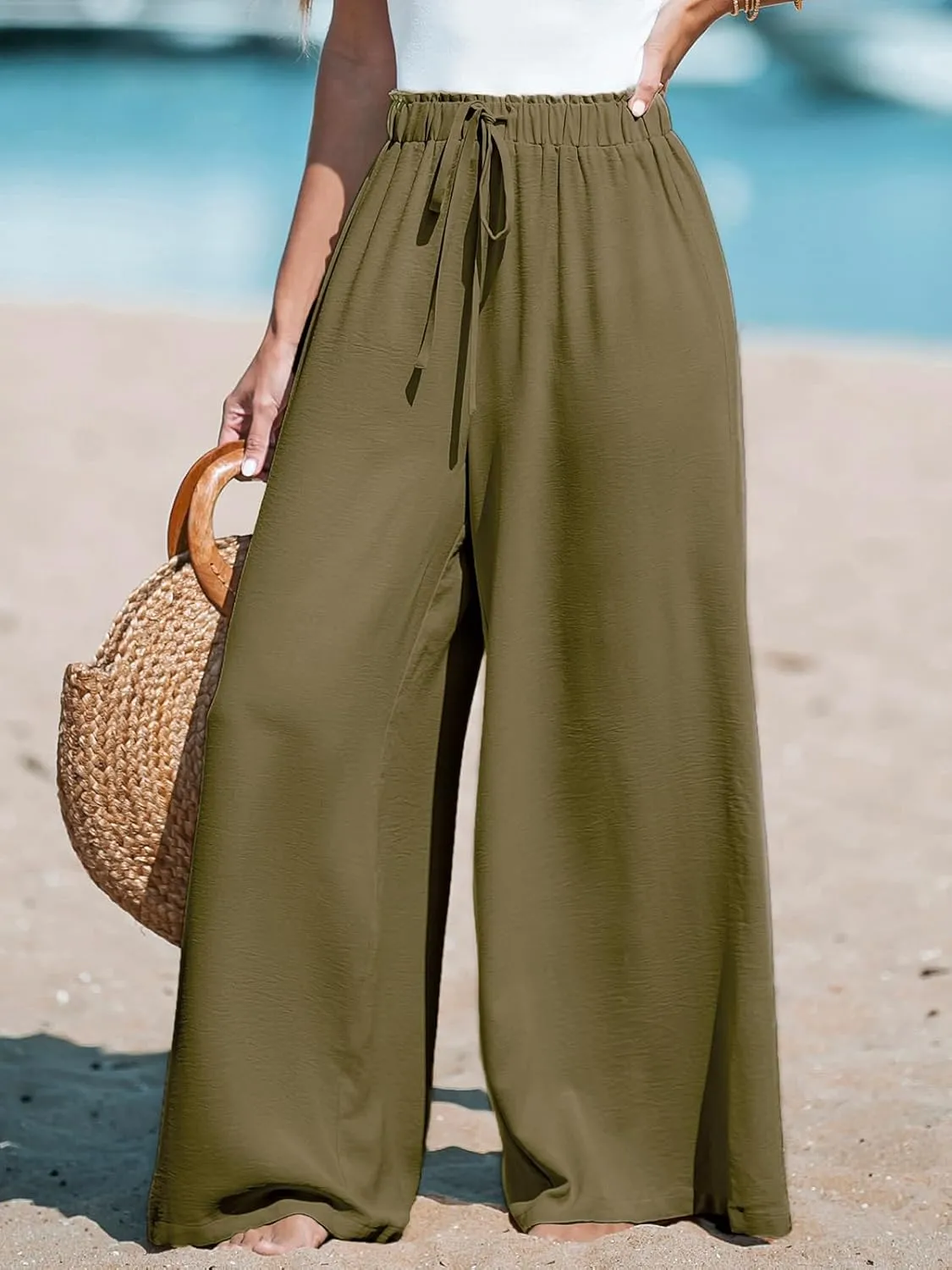 CUPSHE Women Wide Leg Pants High Waisted Trousers Linen Palazzo Lounge Beach Cover Ups Flowy Pants