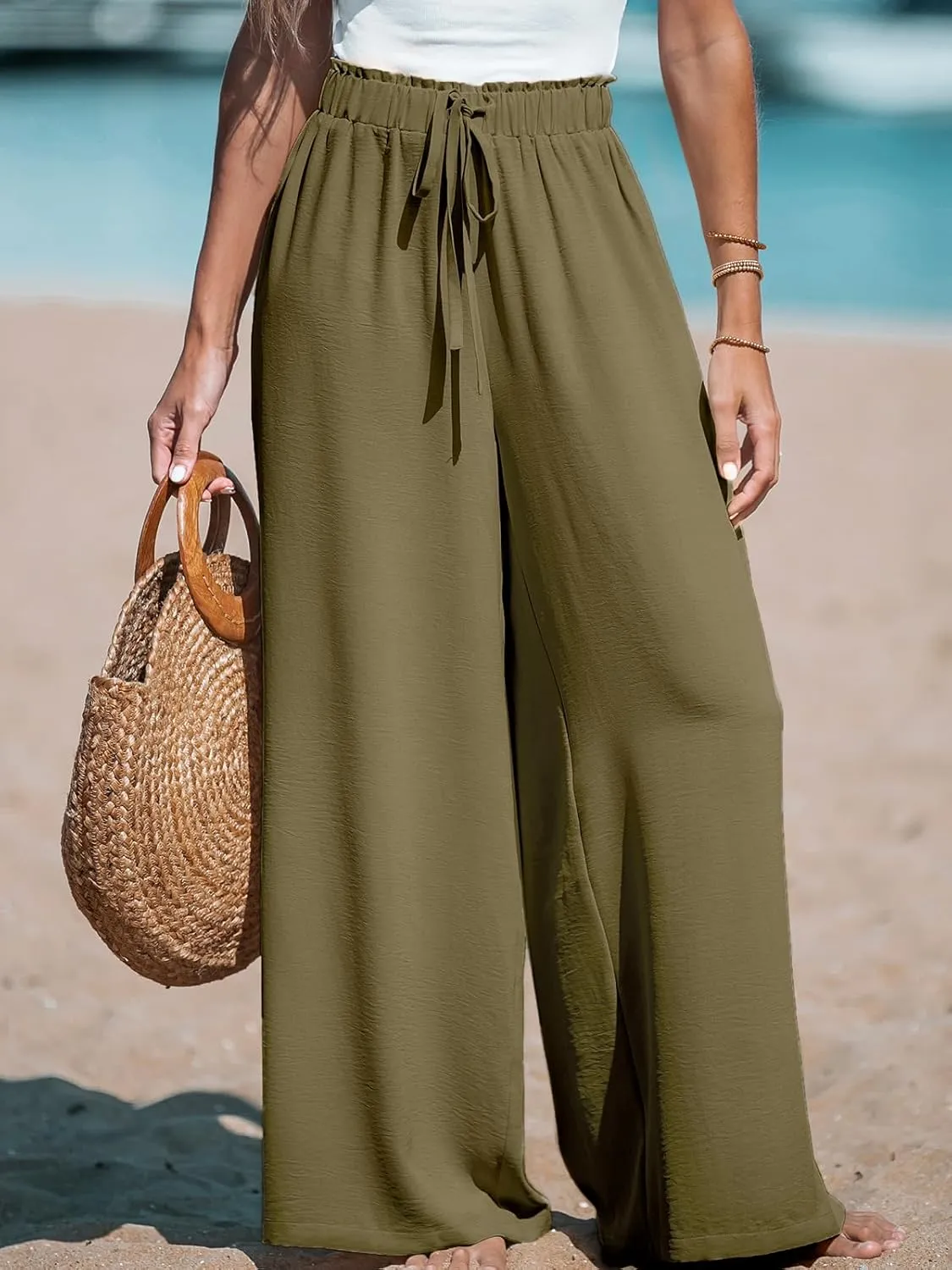 CUPSHE Women Wide Leg Pants High Waisted Trousers Linen Palazzo Lounge Beach Cover Ups Flowy Pants
