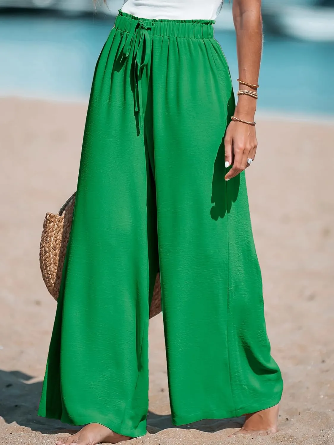 CUPSHE Women Wide Leg Pants High Waisted Trousers Linen Palazzo Lounge Beach Cover Ups Flowy Pants