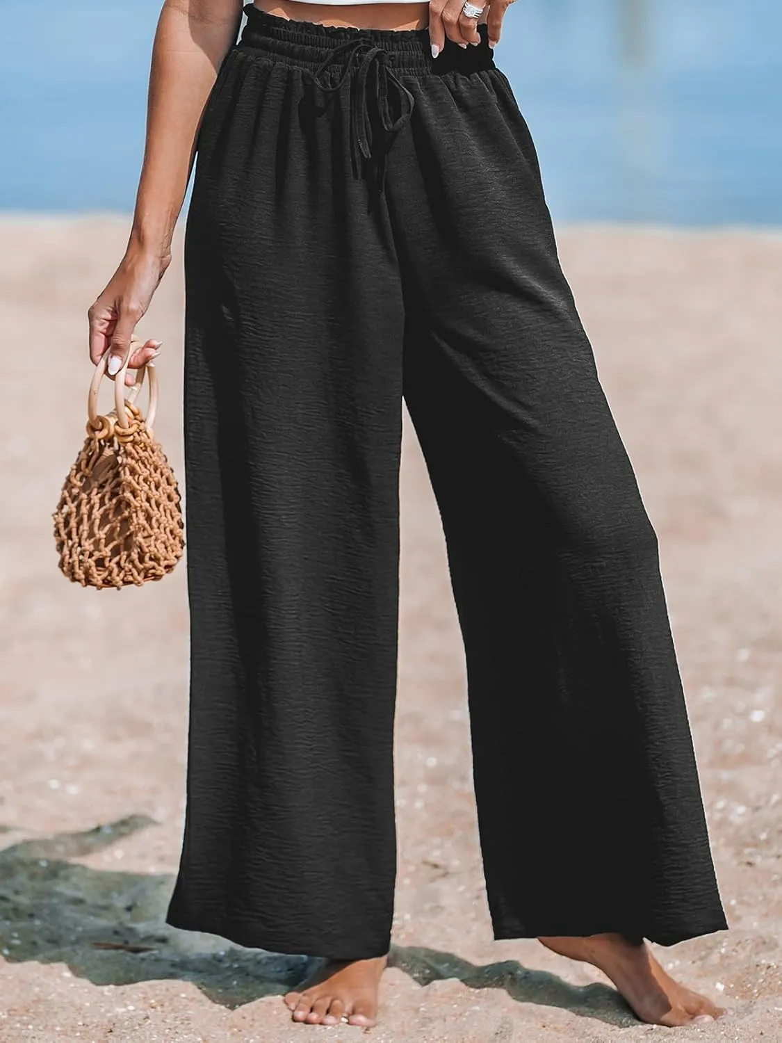 CUPSHE Women Wide Leg Pants High Waisted Trousers Linen Palazzo Lounge Beach Cover Ups Flowy Pants
