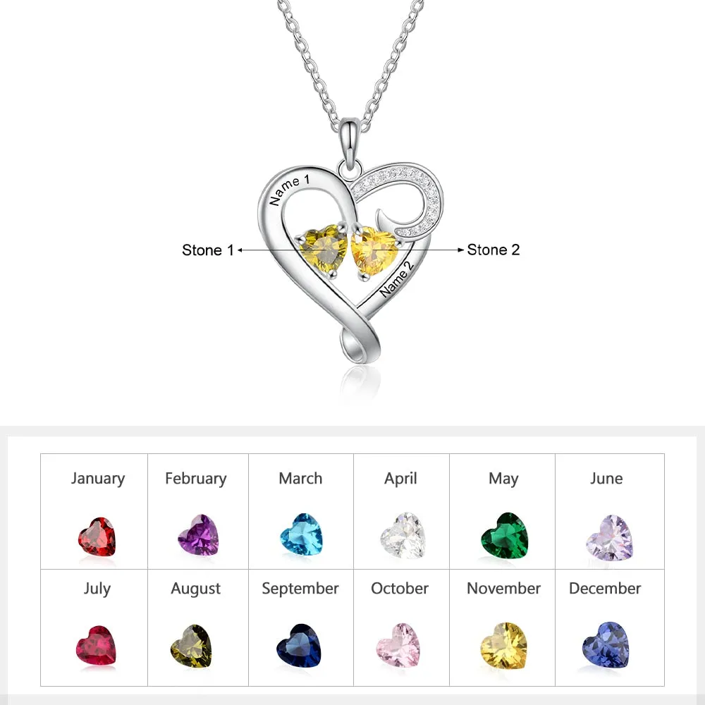 Customized Couple Name Engraved Necklace Personalized Heart Birthstone Mothers Necklace Valentines Day Gift for Wife