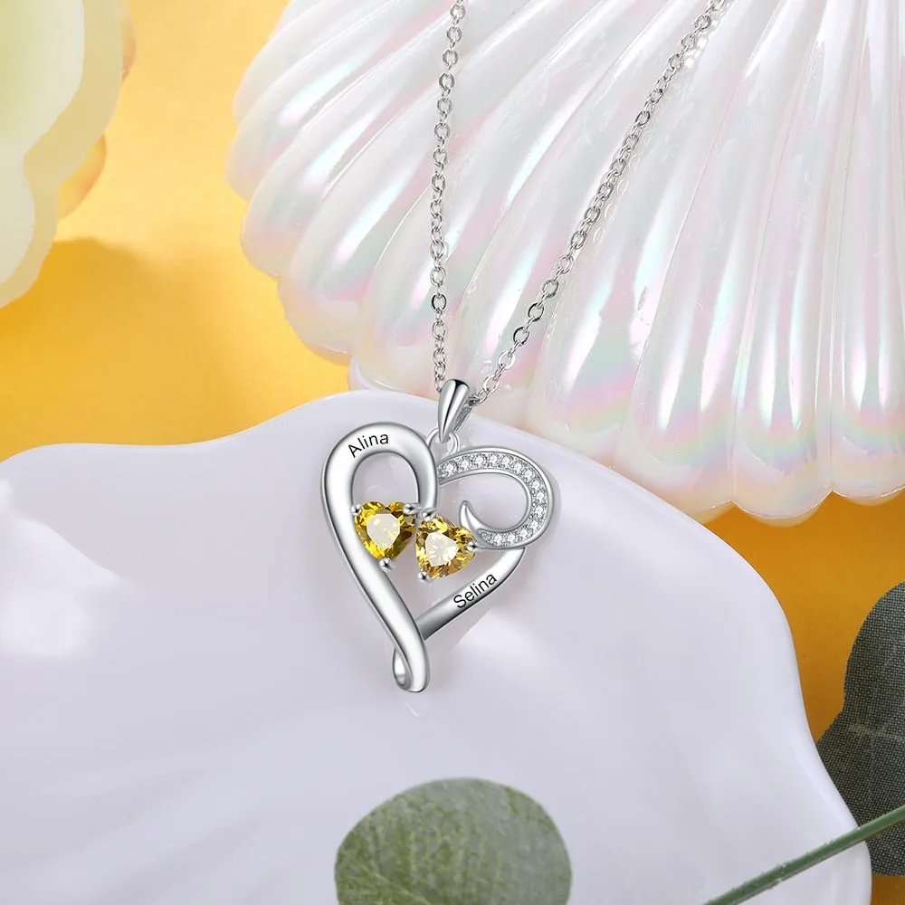 Customized Couple Name Engraved Necklace Personalized Heart Birthstone Mothers Necklace Valentines Day Gift for Wife