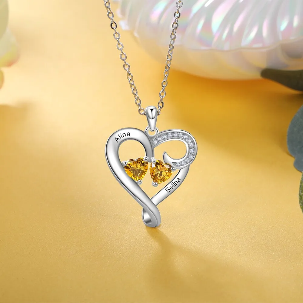 Customized Couple Name Engraved Necklace Personalized Heart Birthstone Mothers Necklace Valentines Day Gift for Wife