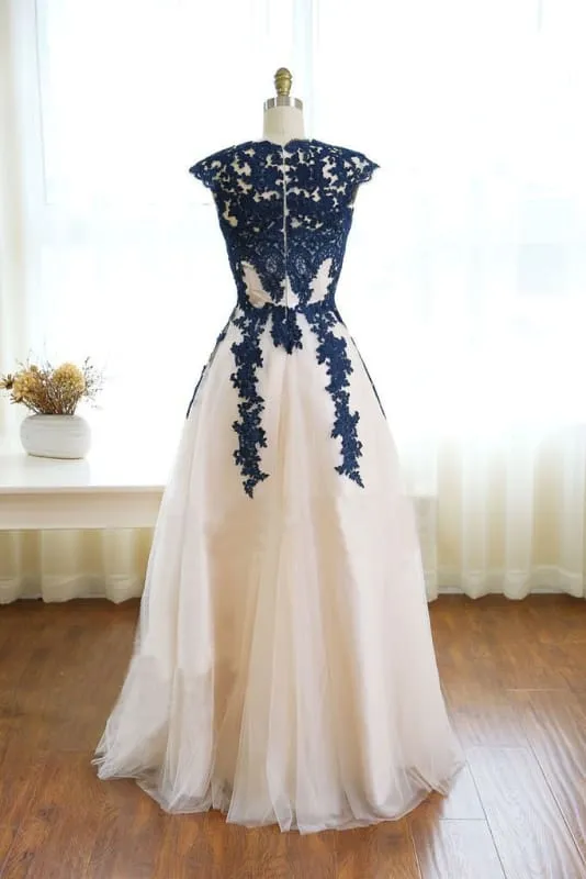 Dark Blue Appliques Ivory Tulle Prom Dress Floor Length Elegant Evening Dresses