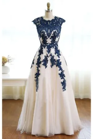 Dark Blue Appliques Ivory Tulle Prom Dress Floor Length Elegant Evening Dresses