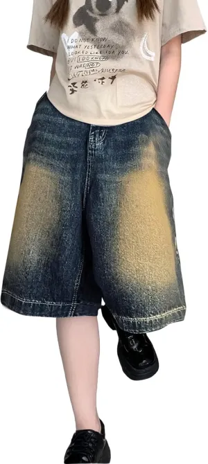 Denim Bermuda Shorts for Women Knee Length Baggy Jean Shorts Vintage Straight Leg Plus Size Jeans Jorts with Pockets