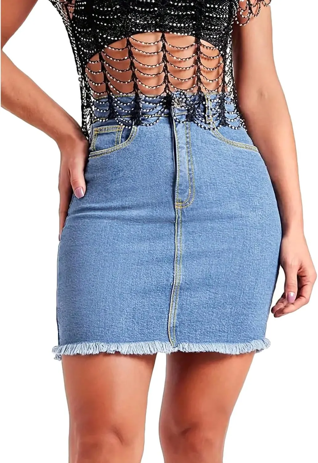 Denim Mini Skirt Women Y2k High Waisted Slim Fit Frayed Short Jean Skirts Cowgirl Country Concert Outfits with Pockets