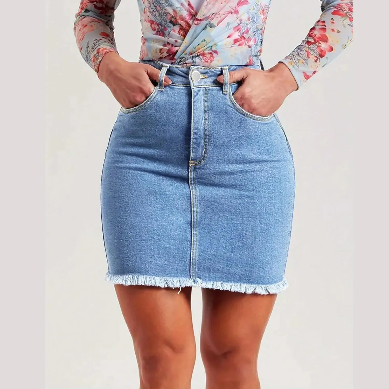 Denim Mini Skirt Women Y2k High Waisted Slim Fit Frayed Short Jean Skirts Cowgirl Country Concert Outfits with Pockets