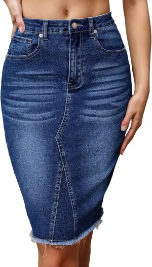 Denim Skirt Women Trendy Stretch High Waisted 2025 Summer Casual Ladies Skinny Bodycon Knee Length Jean Pencil Skirts