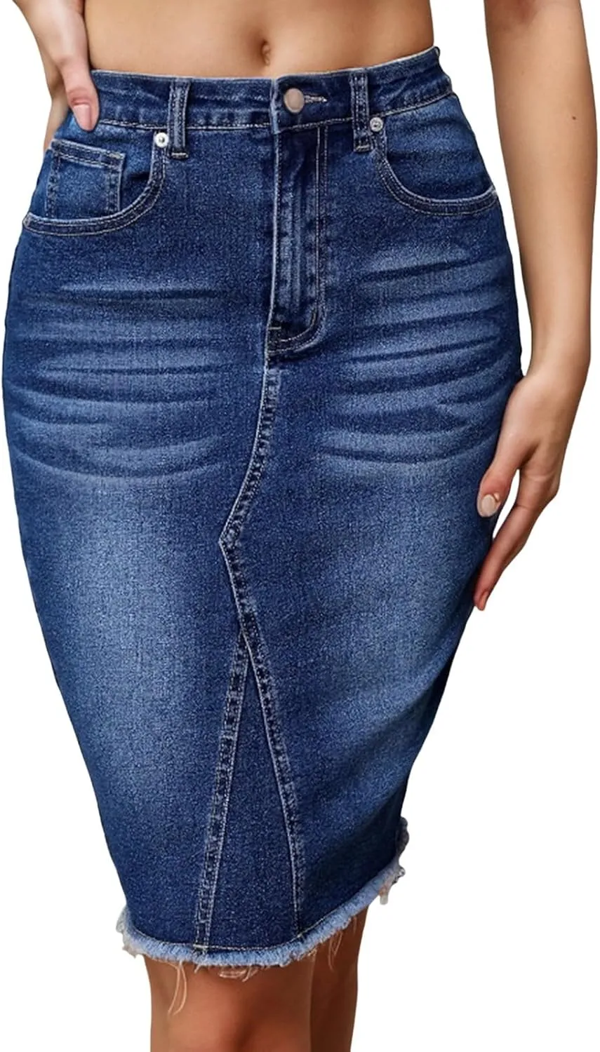 Denim Skirt Women Trendy Stretch High Waisted 2025 Summer Casual Ladies Skinny Bodycon Knee Length Jean Pencil Skirts