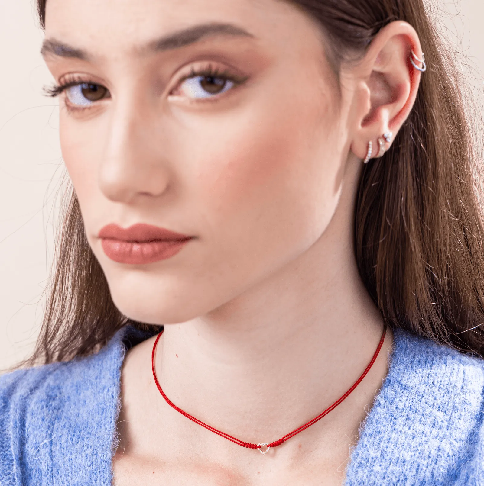 Diamond Outline Heart String of Love Necklace - 14K White Gold