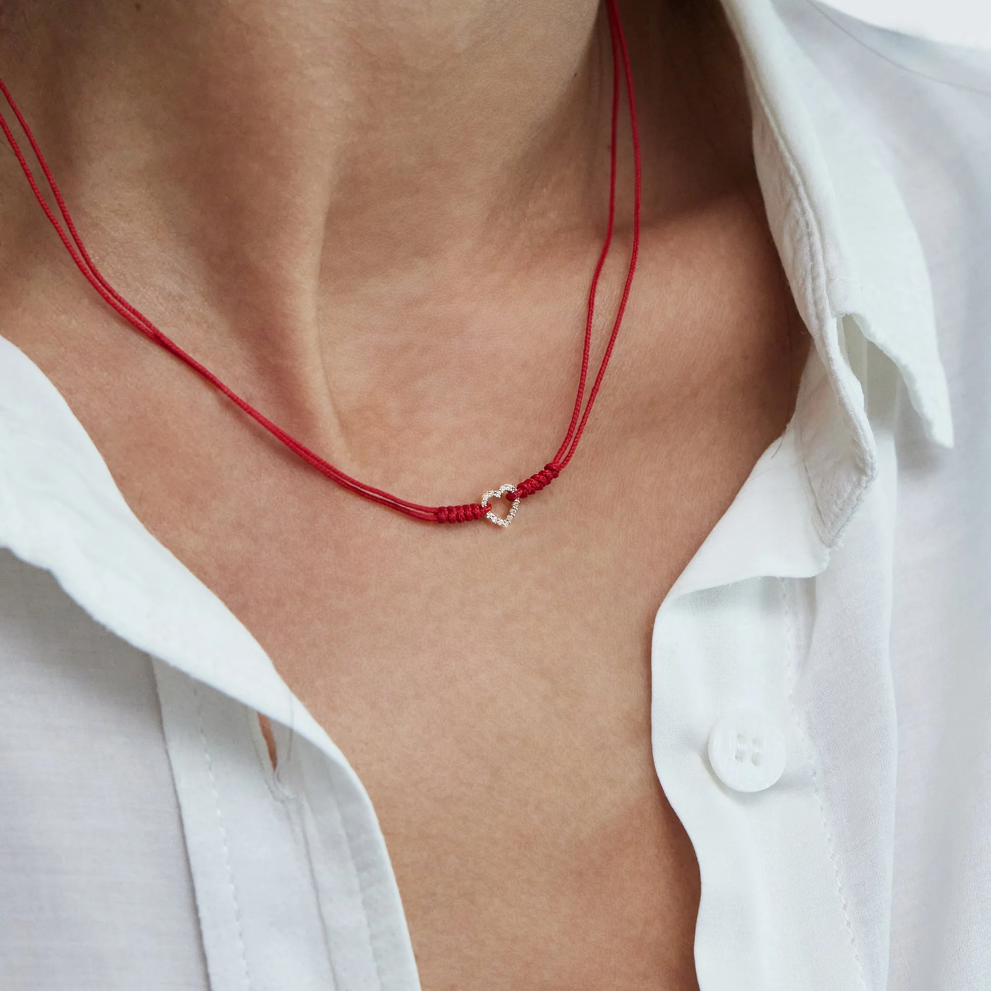 Diamond Outline Heart String of Love Necklace - 14K White Gold