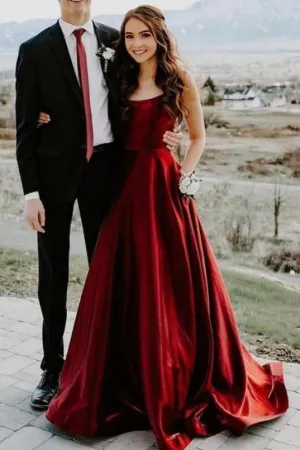 Elegant A-line Prom Dress with Pockets Cheap Satin Evening Dresses