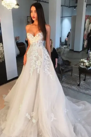 Elegant A Line Sweetheart Tulle Lace Applique Ivory Wedding Dress