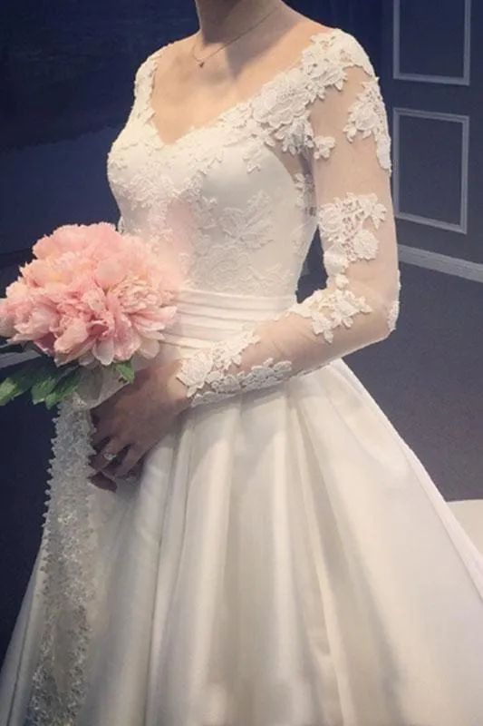 Elegant A Line V-Neck Appliques Long Sleeves Wedding Dress