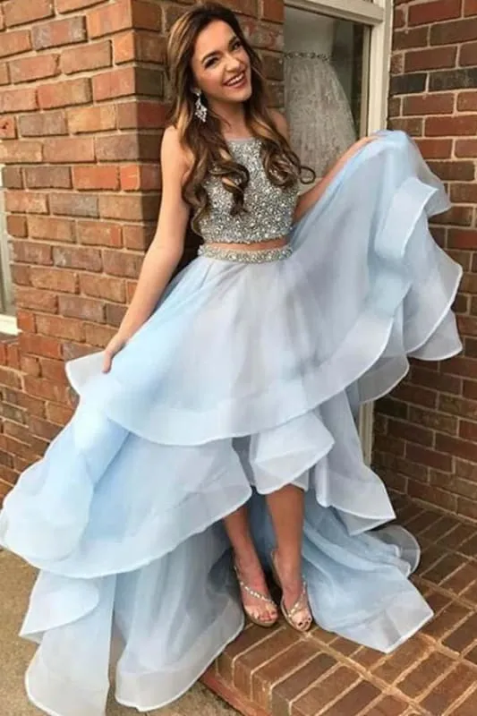 Elegant Elegant Light Blue Two Piece Beading High Low Prom Dresses Sparkly Sleeveless Evening Dress