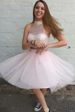 Elegant Fascinating Two Pieces Pink Tulle Short Prom Gowns Homecoming Dresses