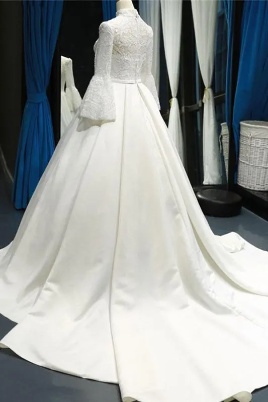 Elegant High Neck Long Sleeve Satin Wedding Dresses