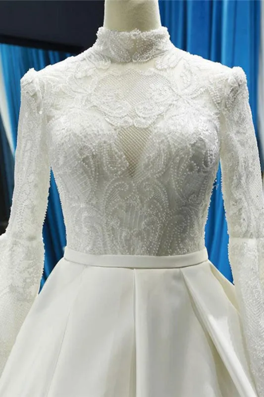 Elegant High Neck Long Sleeve Satin Wedding Dresses
