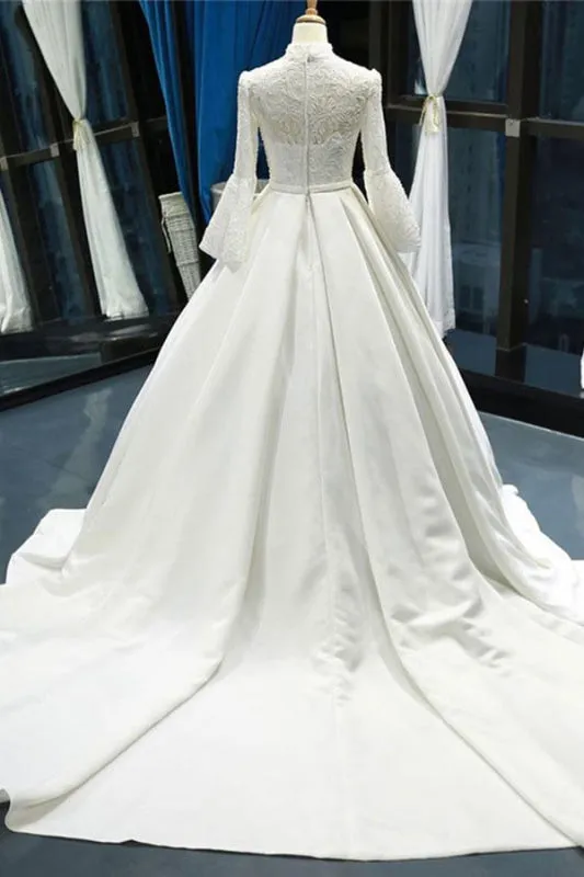 Elegant High Neck Long Sleeve Satin Wedding Dresses
