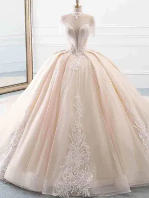 Elegant High Neck Tassel Sleeves Ball Gown Wedding Dresses