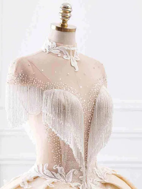 Elegant High Neck Tassel Sleeves Ball Gown Wedding Dresses