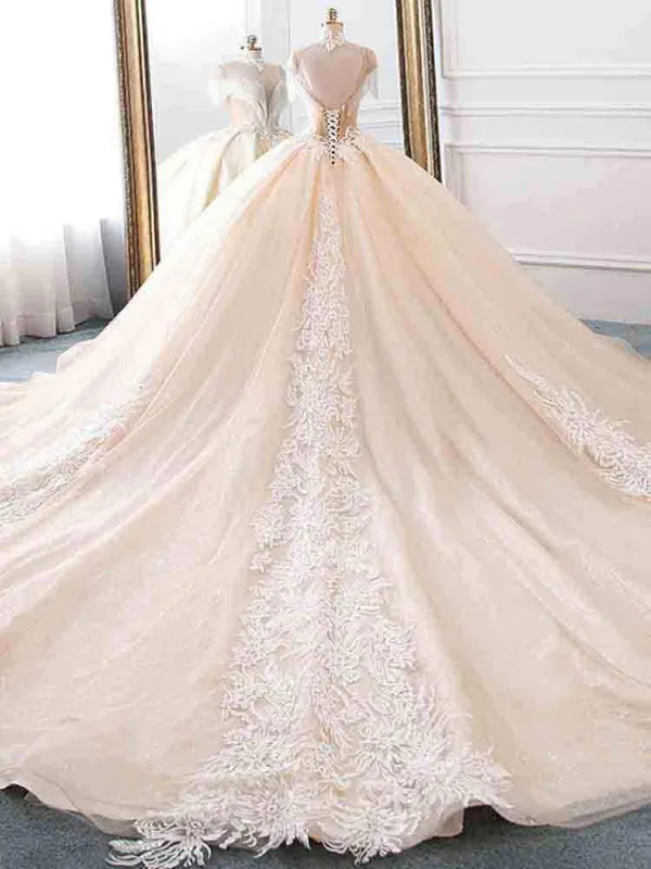 Elegant High Neck Tassel Sleeves Ball Gown Wedding Dresses