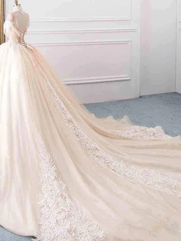 Elegant High Neck Tassel Sleeves Ball Gown Wedding Dresses