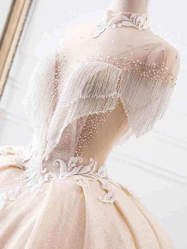 Elegant High Neck Tassel Sleeves Ball Gown Wedding Dresses