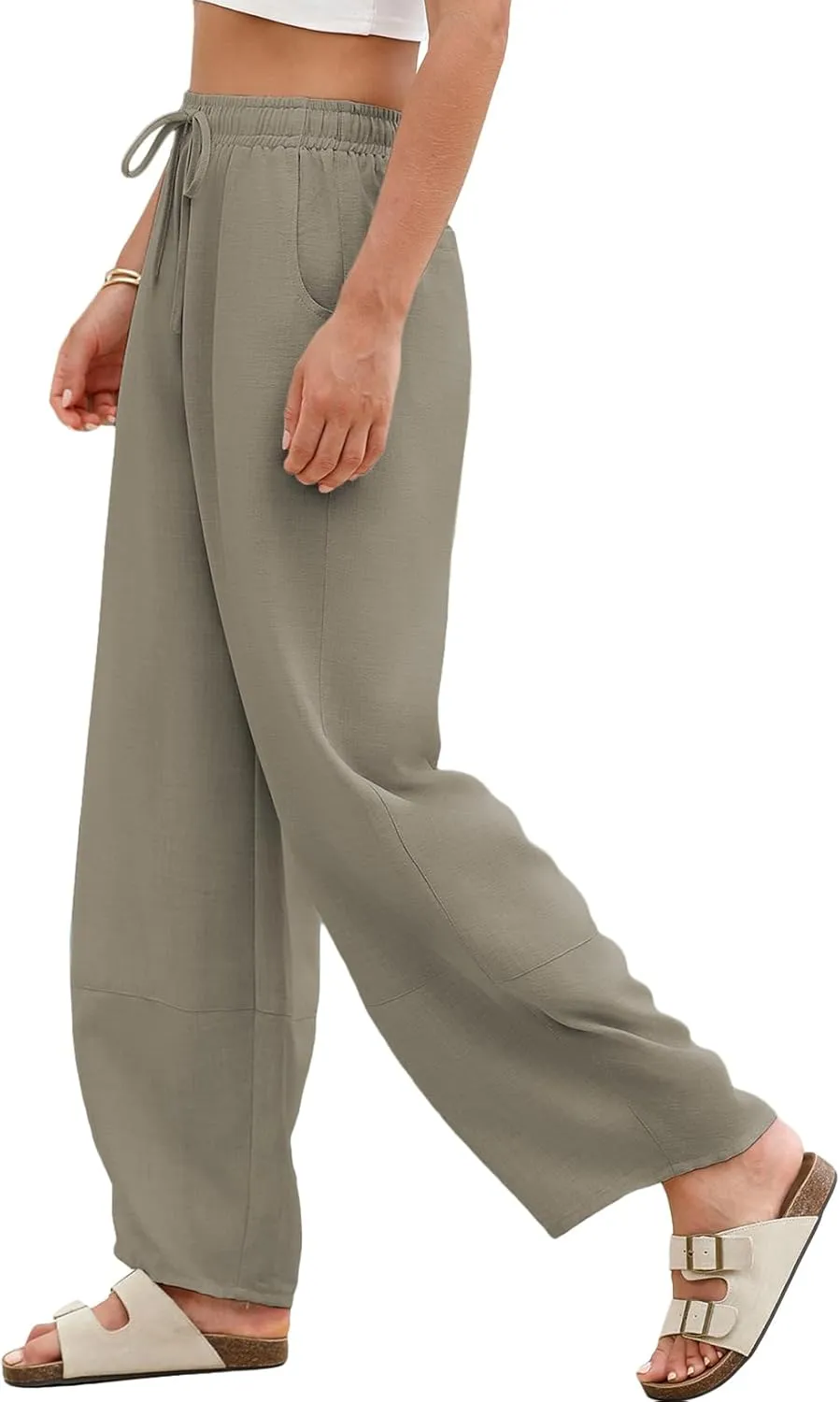 EVALESS Womens Baggy Wide Leg Pants Casual Drawstring Elastic Waisted Palazzo Harem Trousers with Pockets