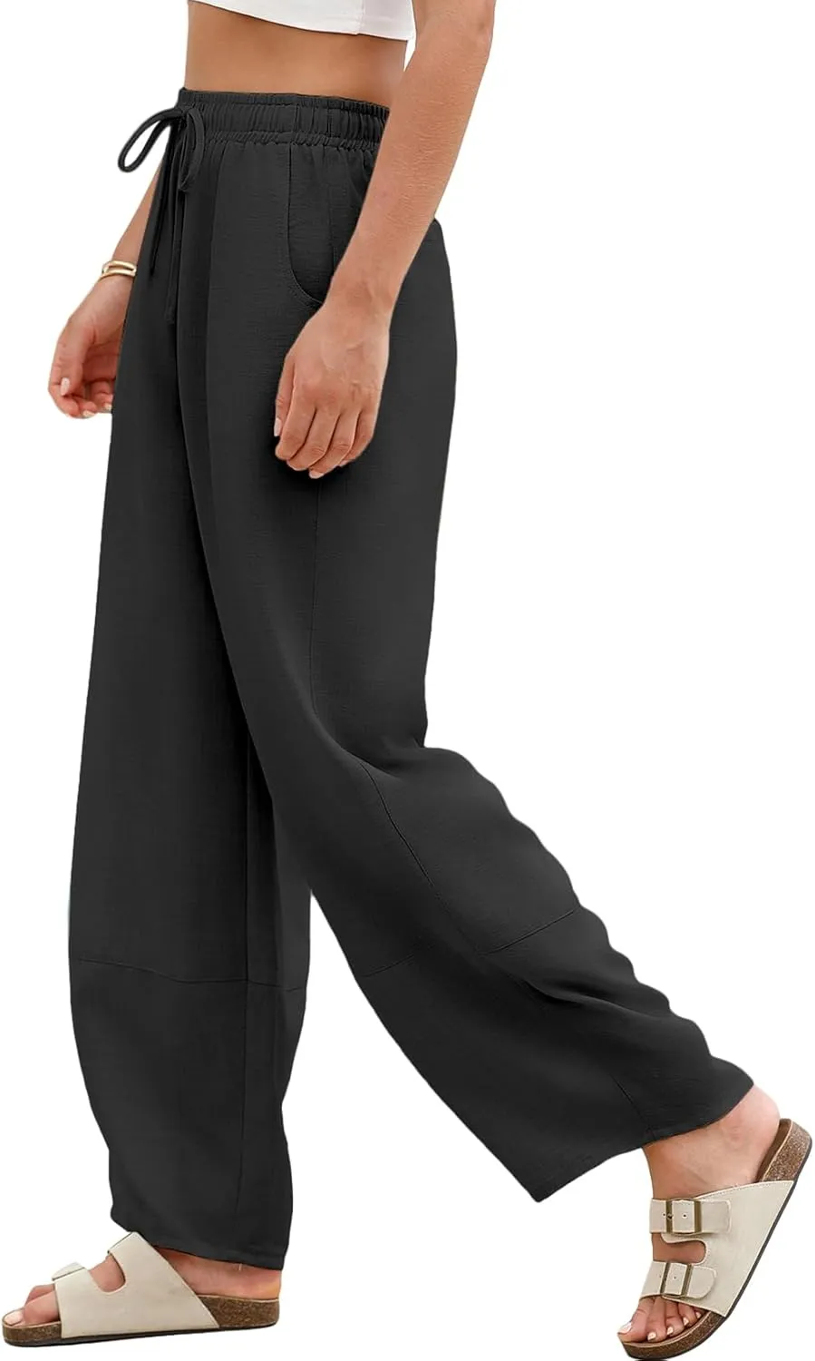 EVALESS Womens Baggy Wide Leg Pants Casual Drawstring Elastic Waisted Palazzo Harem Trousers with Pockets