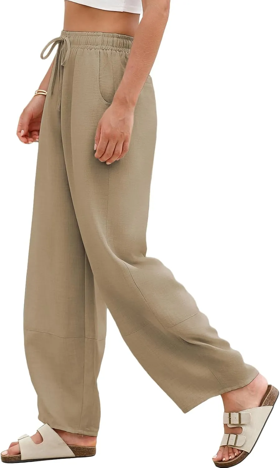 EVALESS Womens Baggy Wide Leg Pants Casual Drawstring Elastic Waisted Palazzo Harem Trousers with Pockets