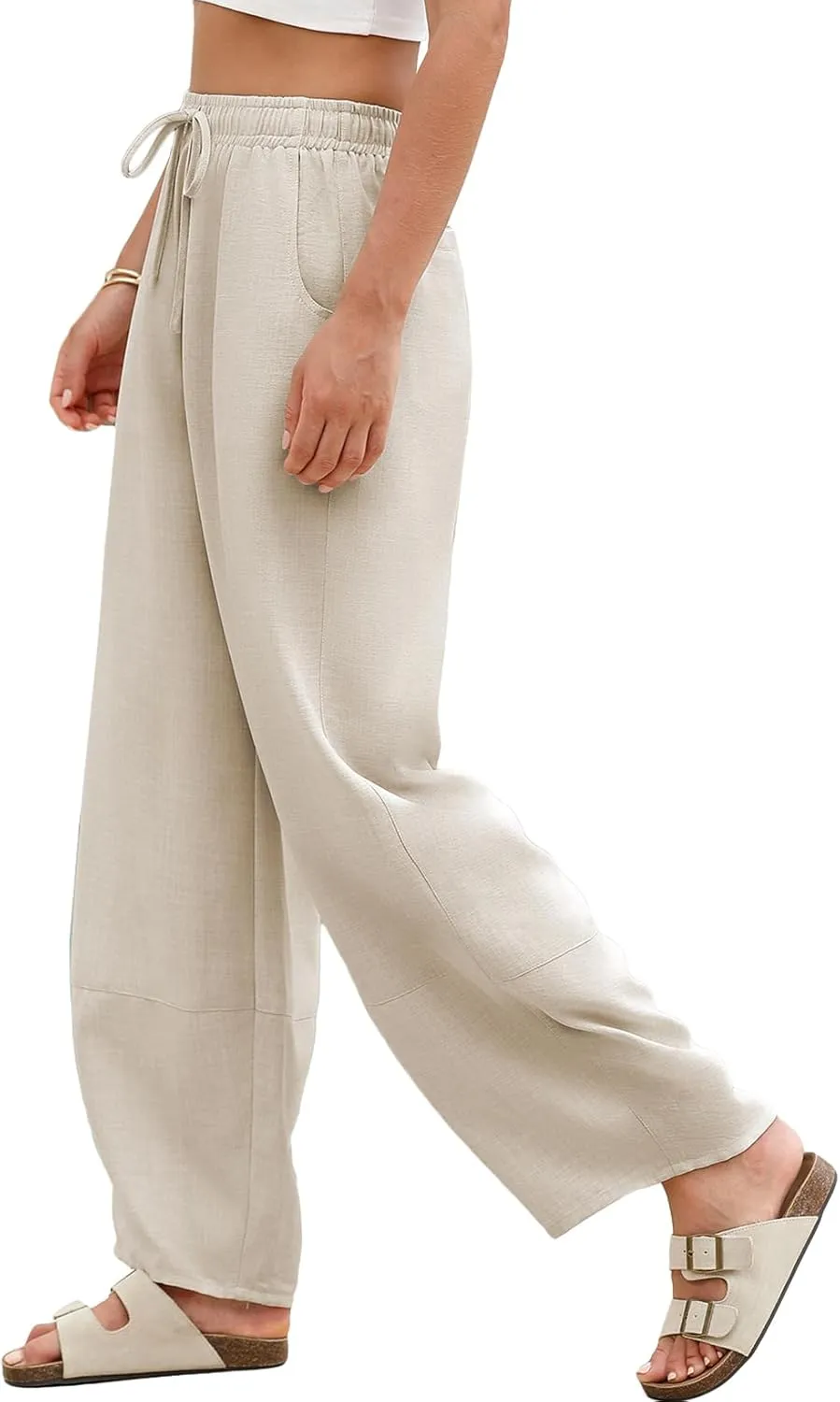 EVALESS Womens Baggy Wide Leg Pants Casual Drawstring Elastic Waisted Palazzo Harem Trousers with Pockets