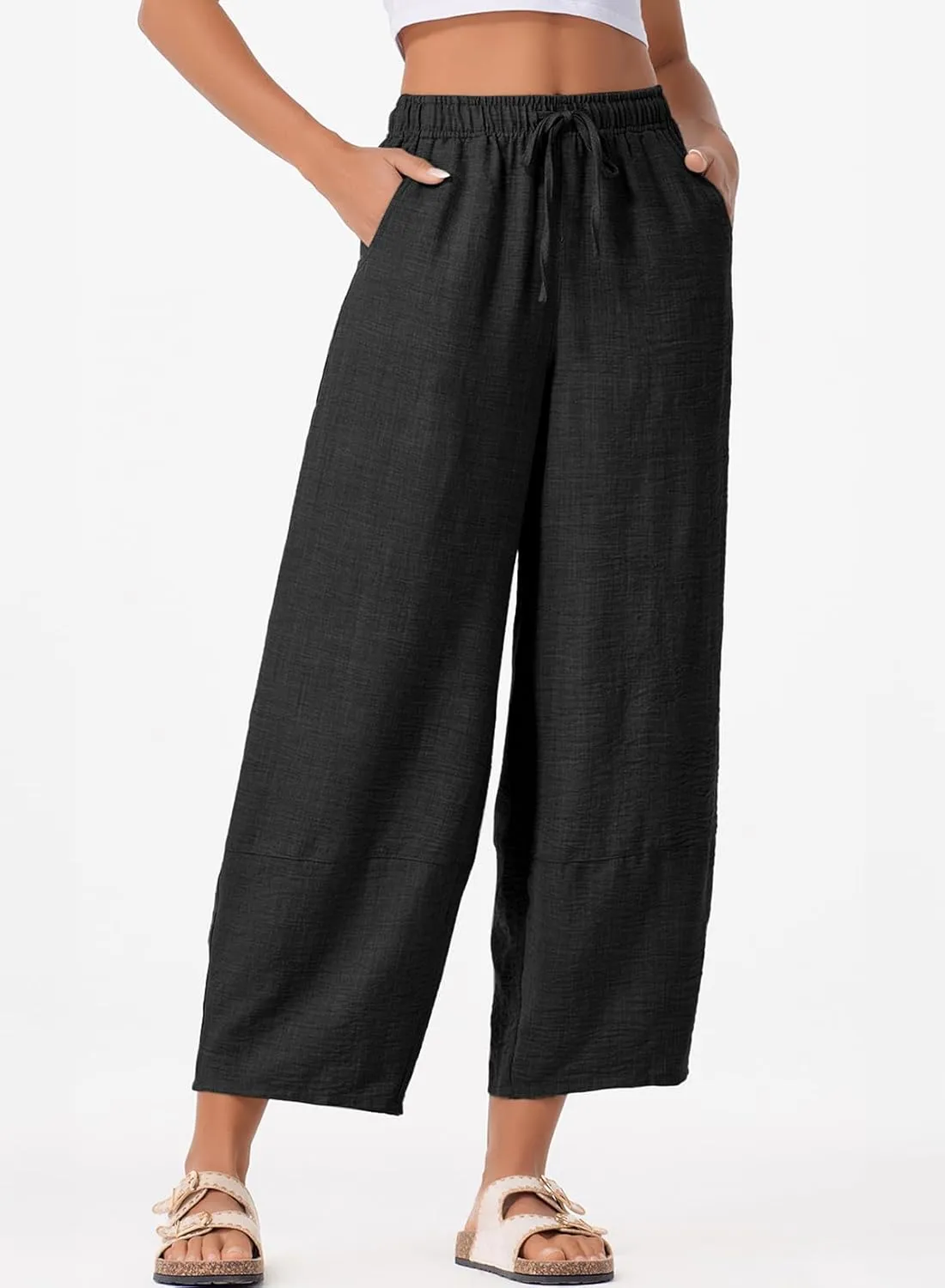 EVALESS Womens Baggy Wide Leg Pants Casual Drawstring Elastic Waisted Palazzo Harem Trousers with Pockets