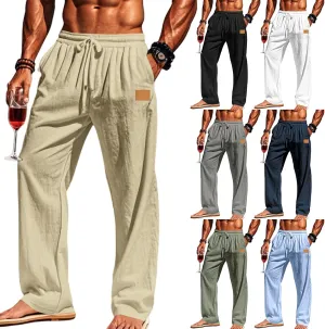 evzosrz Mens Cotton Linen Pants Lightweight Yoga Beach Baggy Casual Trousers Drawstring Elastic Waist Straight Pant Pockets