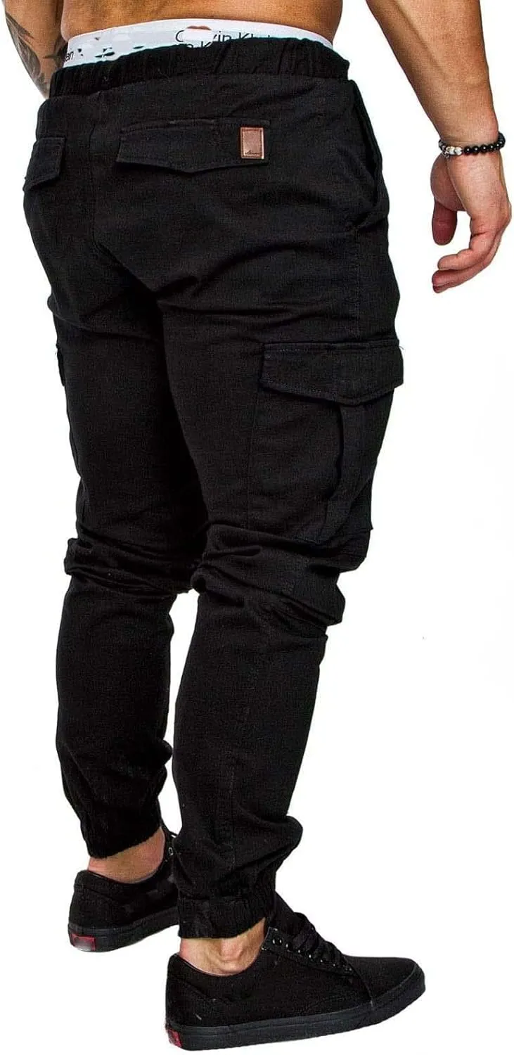 evzosrz Men's Jogger Pants Multi Pockets Sports Drawstring Trousers Elastic Waist Stretch Slim Fit Sports Cargo Pants