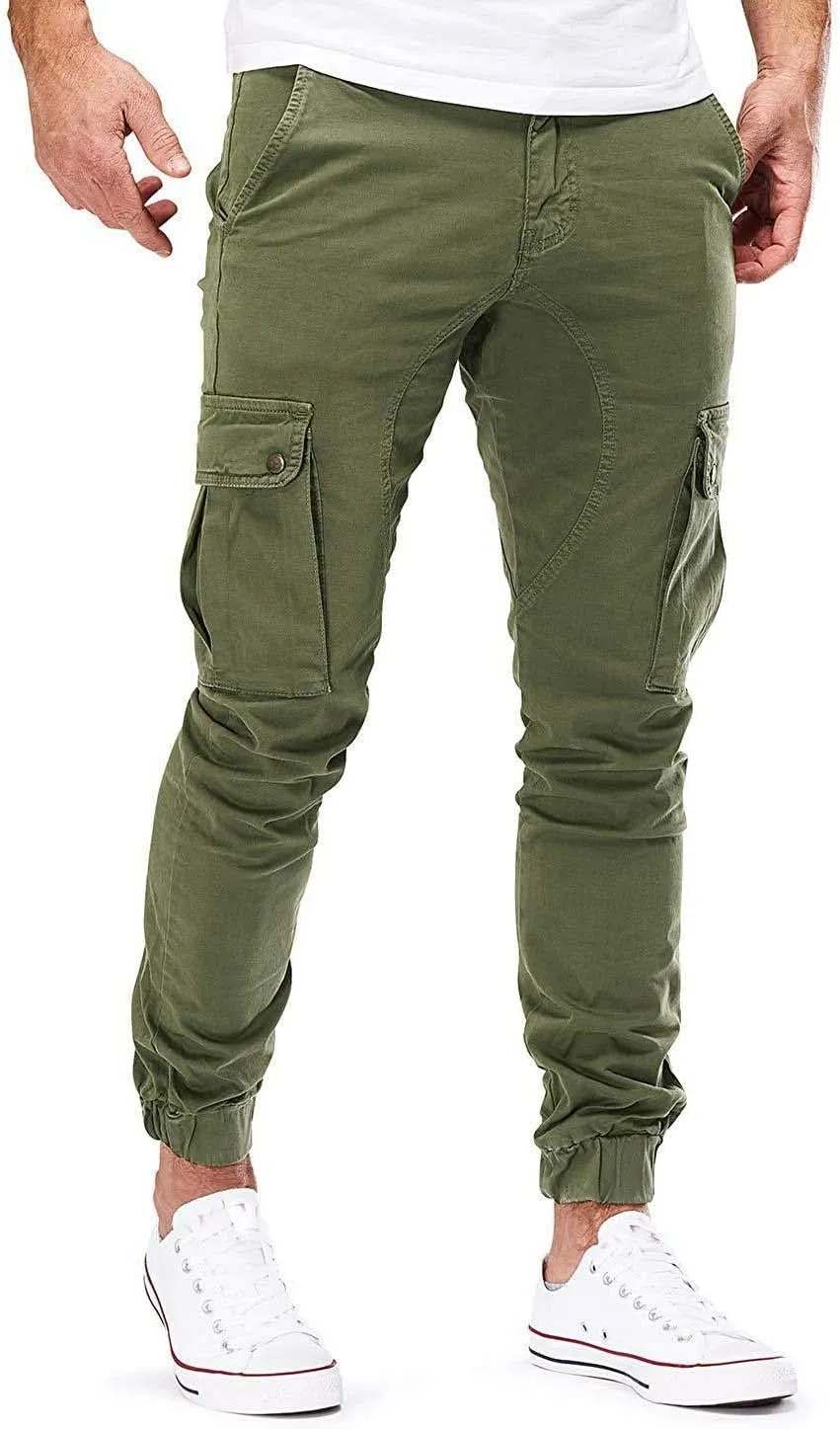 evzosrz Men's Multi Pocket Slim Fit Cargo Pants Military Outdoor Joggers Hiking Trousers Lightweight Closed Bottom Pant