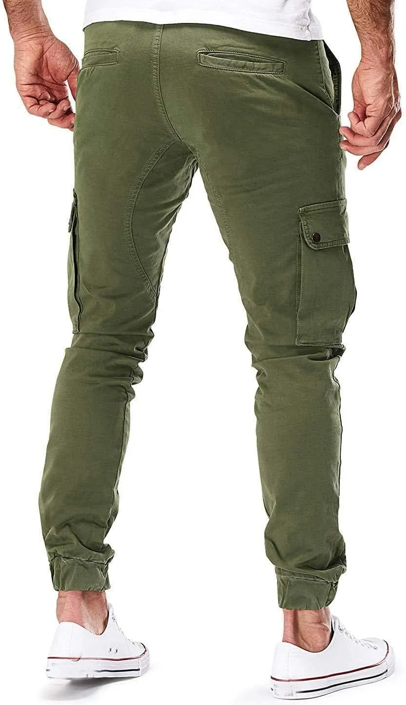 evzosrz Men's Multi Pocket Slim Fit Cargo Pants Military Outdoor Joggers Hiking Trousers Lightweight Closed Bottom Pant