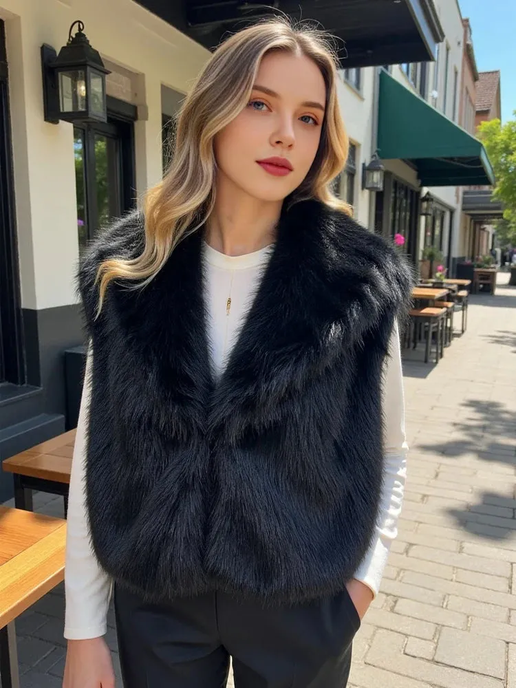 Faux Fur Sleeveless Vest  Black Cropped Winter Waistcoat for Women